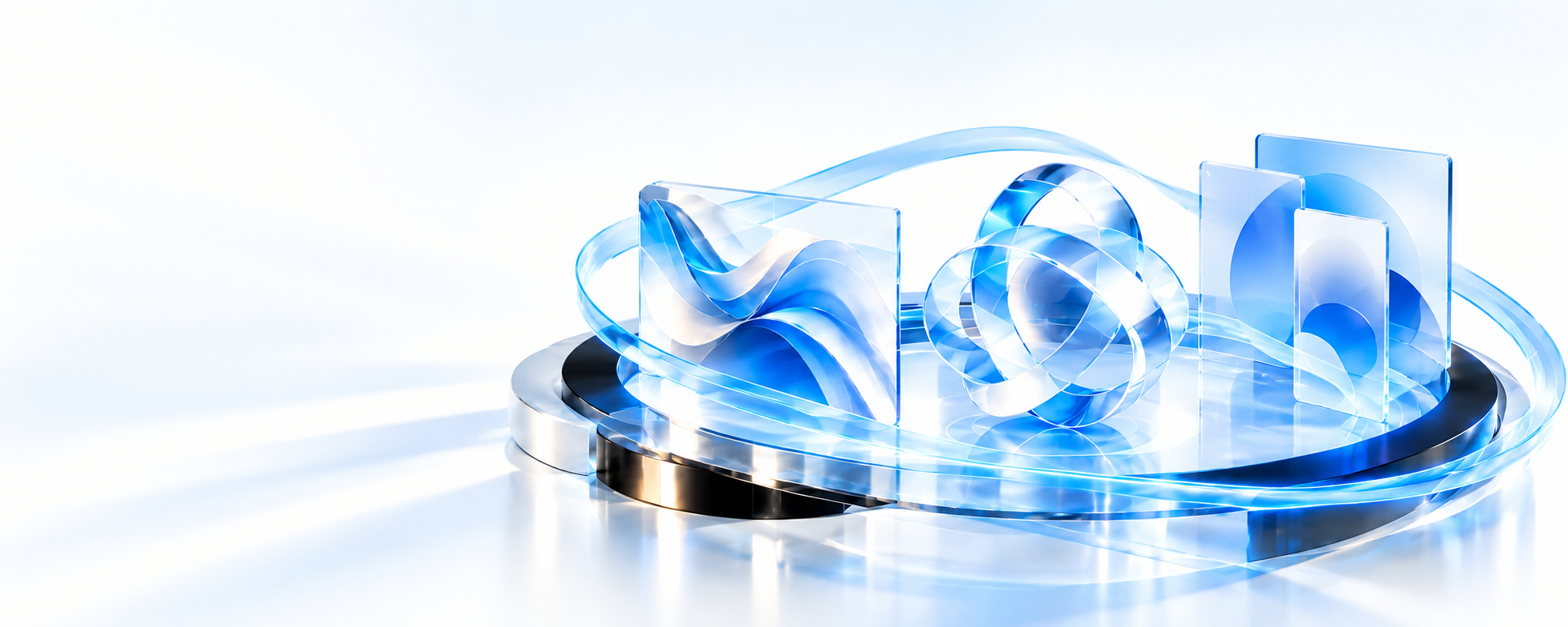 Translucent blue and white glass ribbons surround sculptural panels and a glass orb on a luminous circular platform, with open white space on the left.